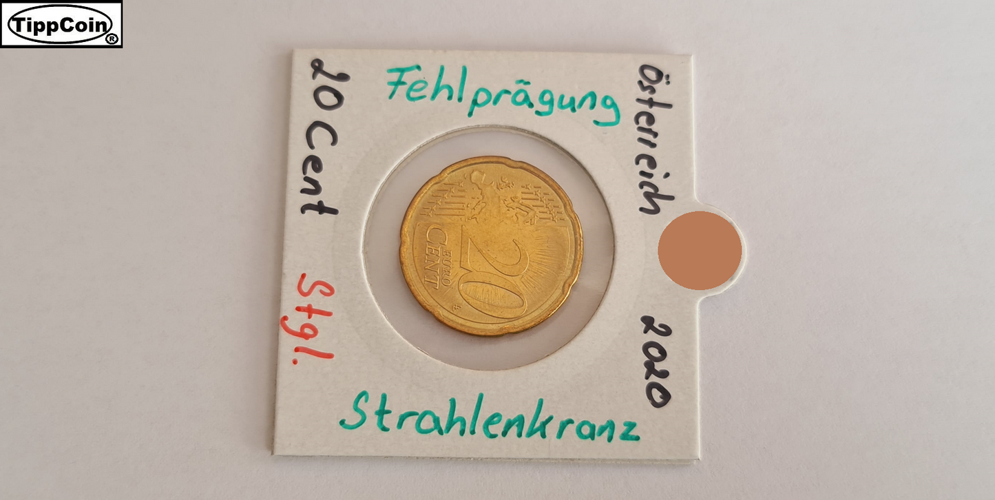 Österreich 20 Cent 2020 Strahlenkranz auf beiden Seiten