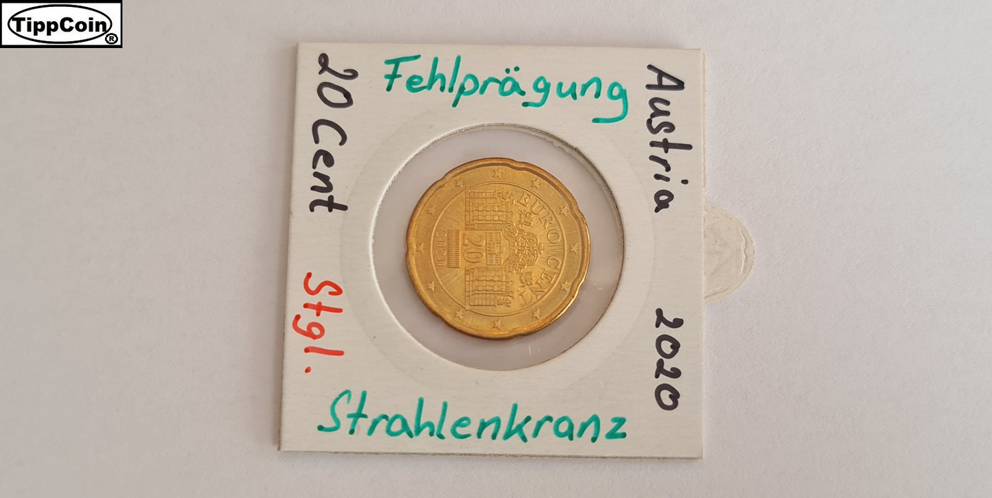 Österreich 20 Cent 2020 Strahlenkranz auf beiden Seiten