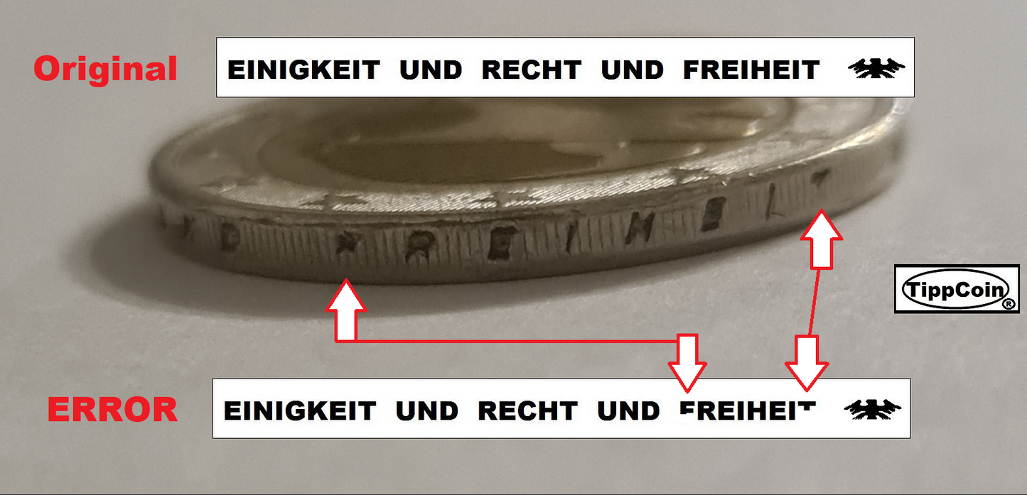 Deutschland 2 Euro 2002 J Fehlprägung / Prägeschwäche / Randschrift