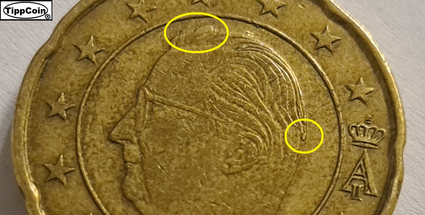 Belgien 20 Cent 2002 Fehlprägung / Materialüberschuss auf beiden Seiten