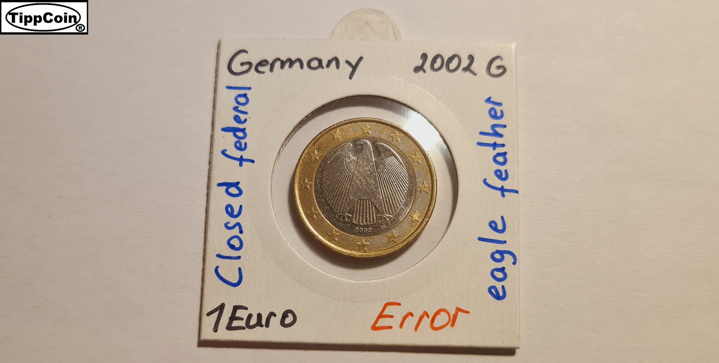 BRD 2002 1 Euro G Fehlprägung / Geschlossene Bundesadler Feder