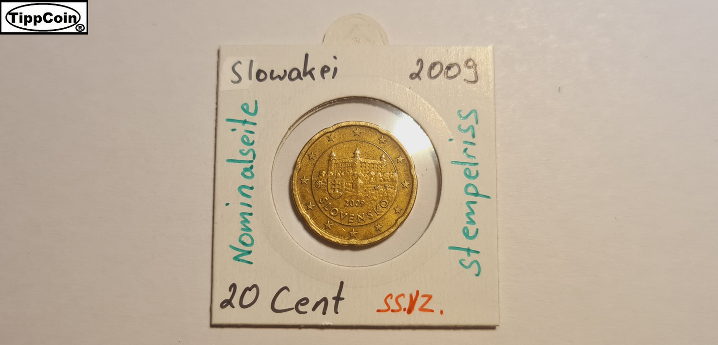 Slowakei 20 Cent 2009 Fehlprägung Stempelriss