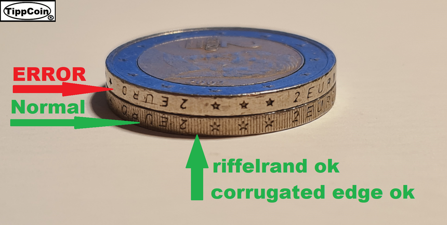 Österreich 2 Euro 2002 Fehlprägung / schwacher riffelrand bis hin zu glatter Rand