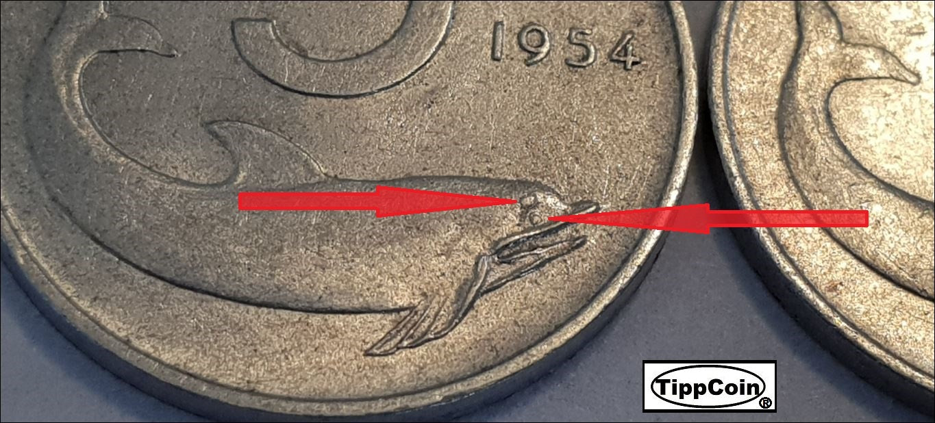 Italien 5-Lire 1954 „Zweiäugiger Delphin“