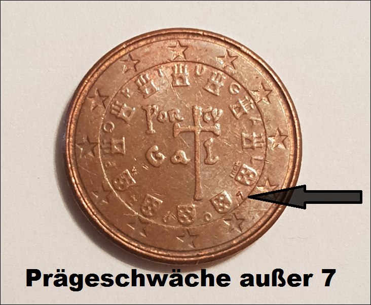 Portugal 1 Cent 2007 Fehlprägung prägeschwäche außer die Zahl 7