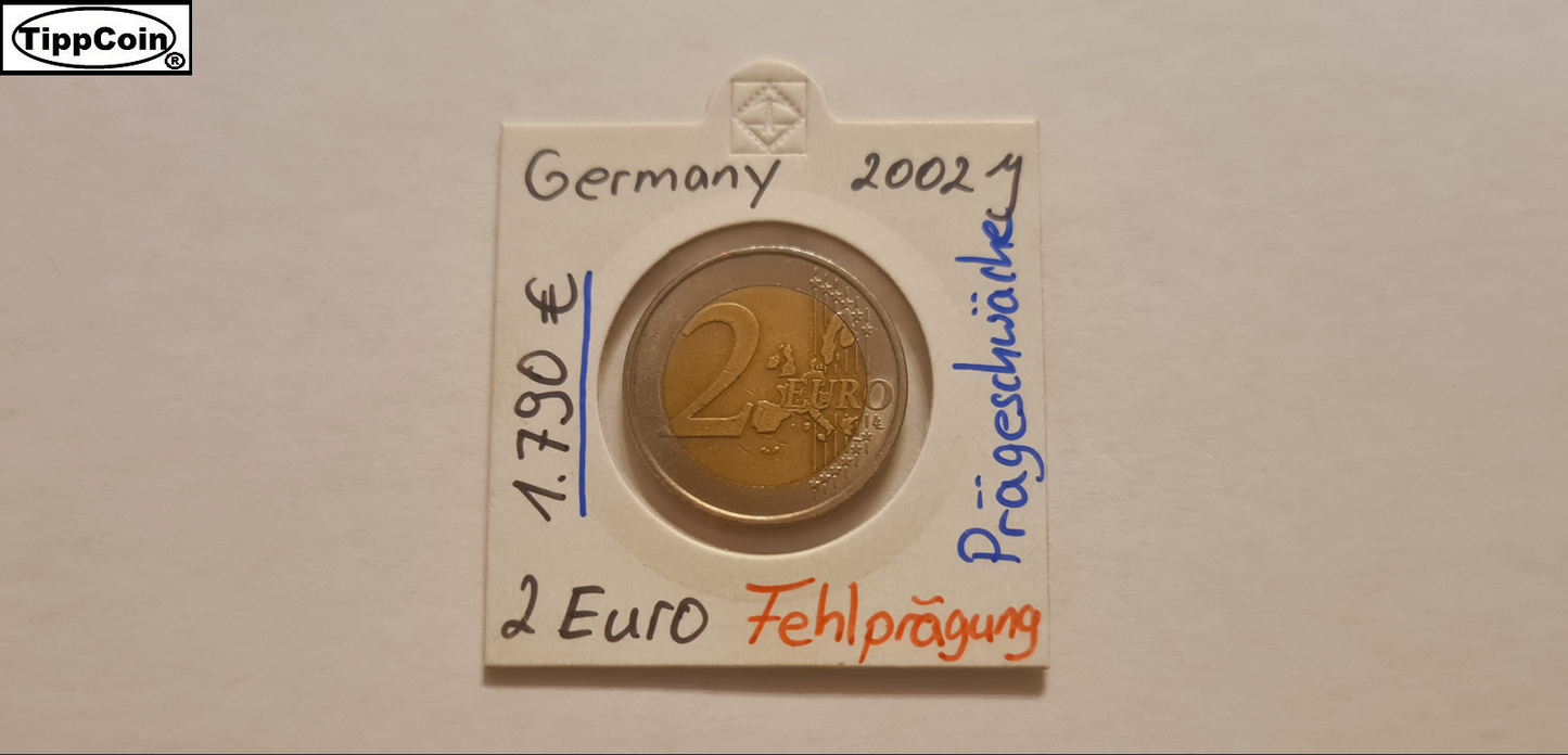 Deutschland 2 Euro 2002 J Fehlprägung / Prägeschwäche / Randschrift