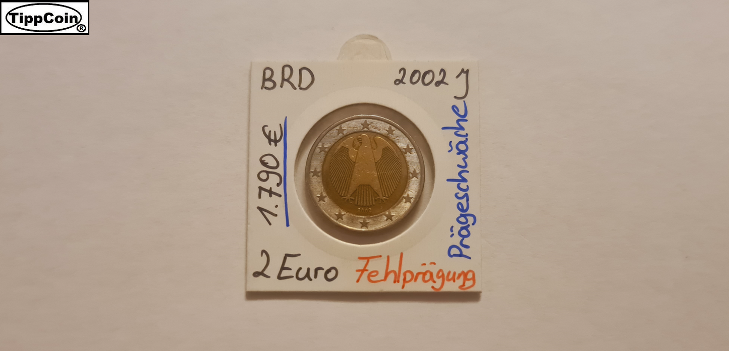 Deutschland 2 Euro 2002 J Fehlprägung / Prägeschwäche / Randschrift