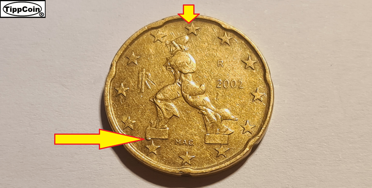 Italien 2002 R 20 Cent Materialüberschuss auf Nationalseite