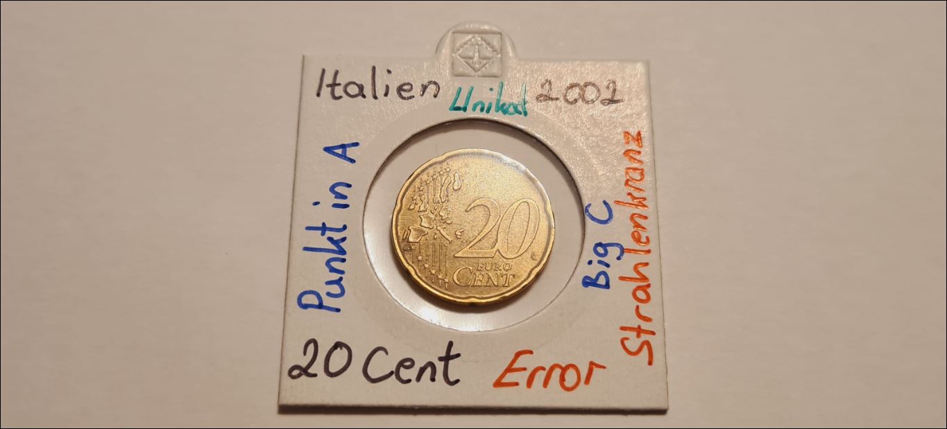 Italien 20 Cent 2002 - Das königliche Unikat mit dem Punkt im "A` von M.A.C."