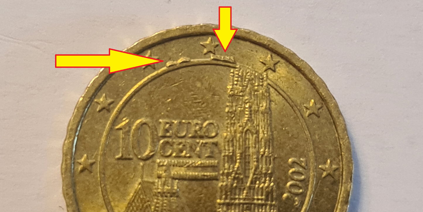 10 Cent 2002 Austria mit Materialüberschuss auf Zeiger zwischen 11 und 12