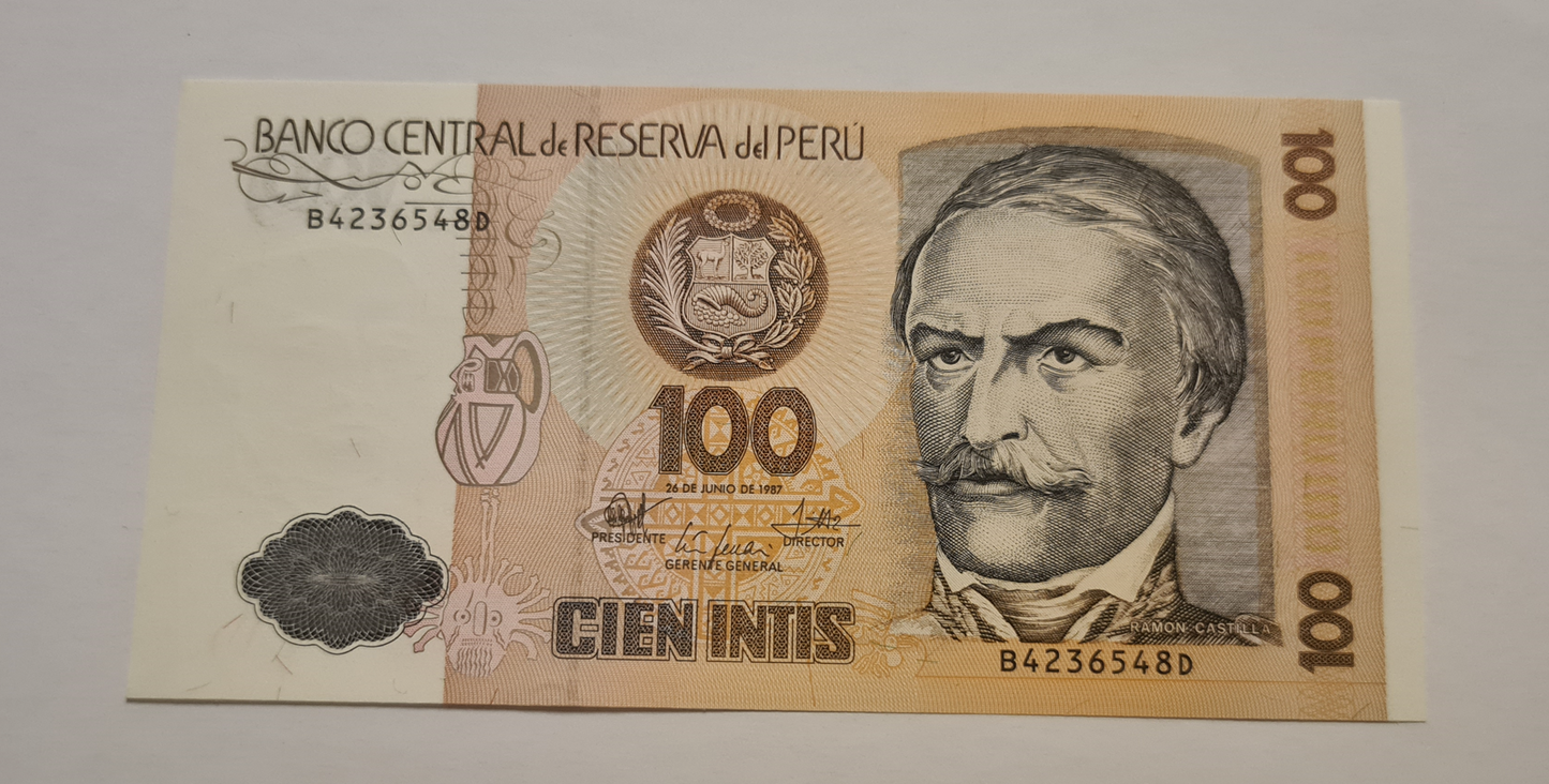 100 Cien Intis 1987 Peru, unzirkuliert, UNC.