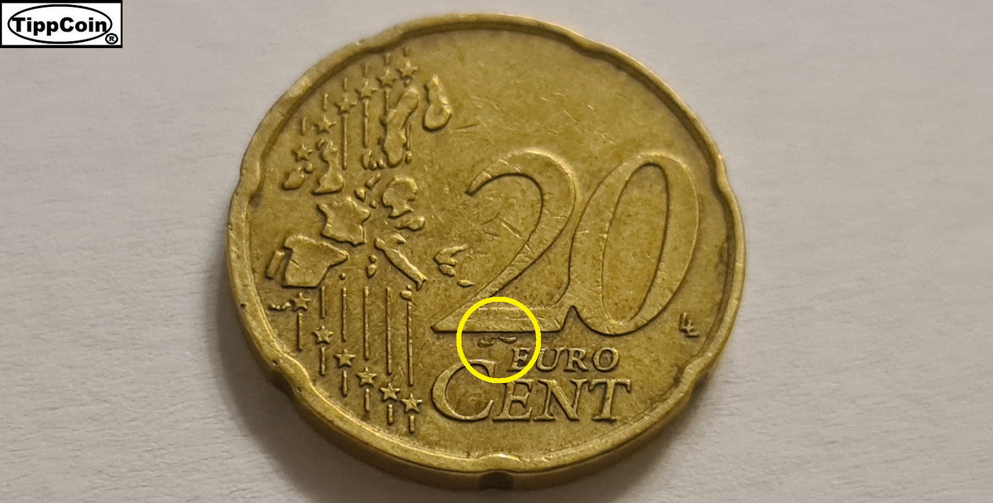 20 Cent 2000 Belgien mit Materialüberschuss auf beiden Seiten, Fehlprägung