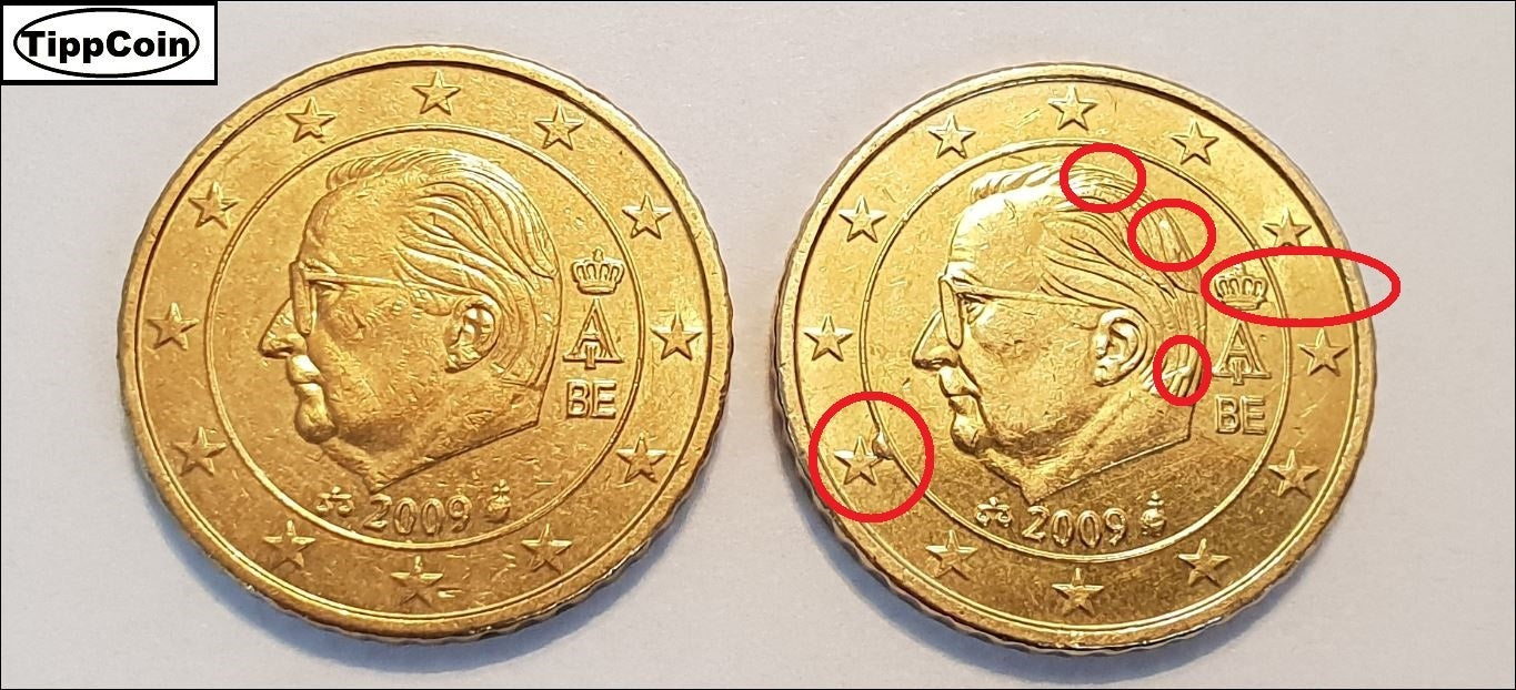 Belgien 50 Cent 2009 Fehlprägung / Stempeldrehung / Materialüberschuss / Stempelriss