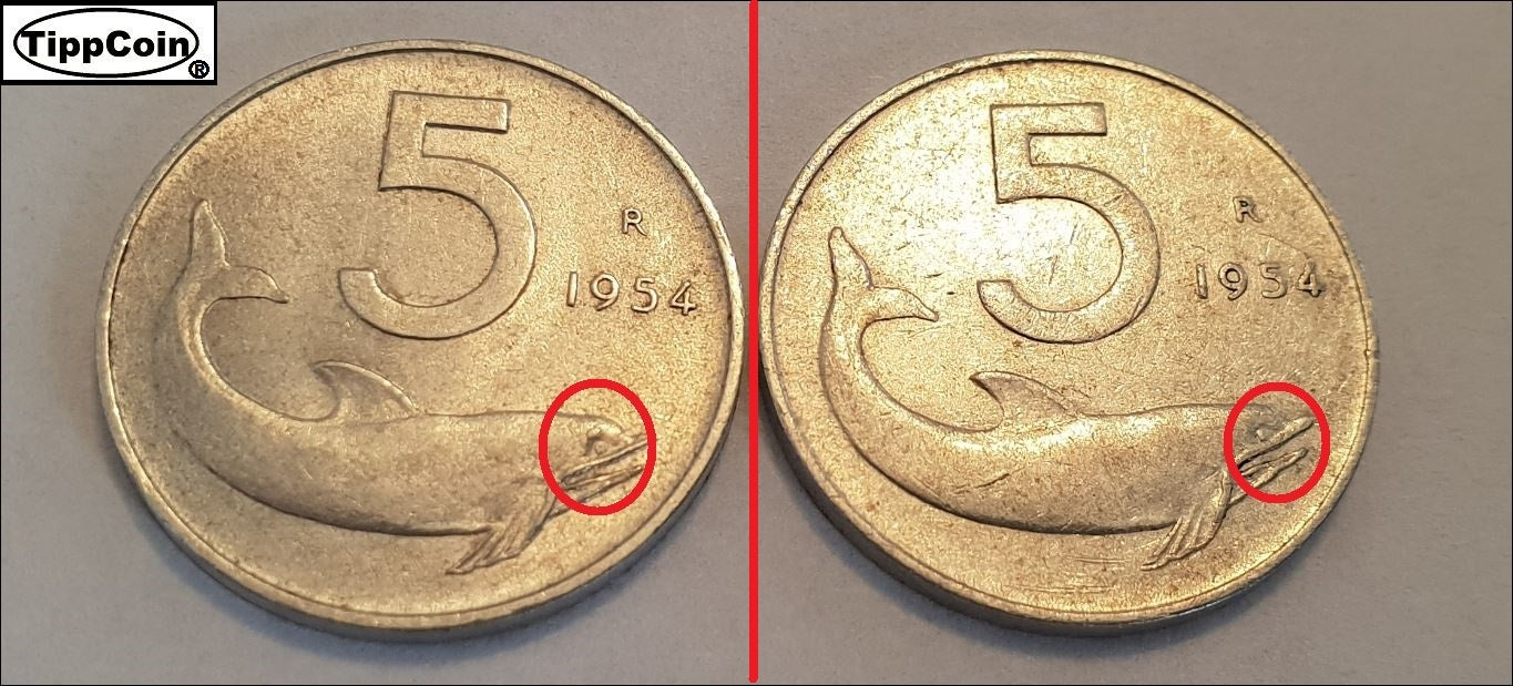 Italien 5-Lire 1954 „Zweiäugiger Delphin“
