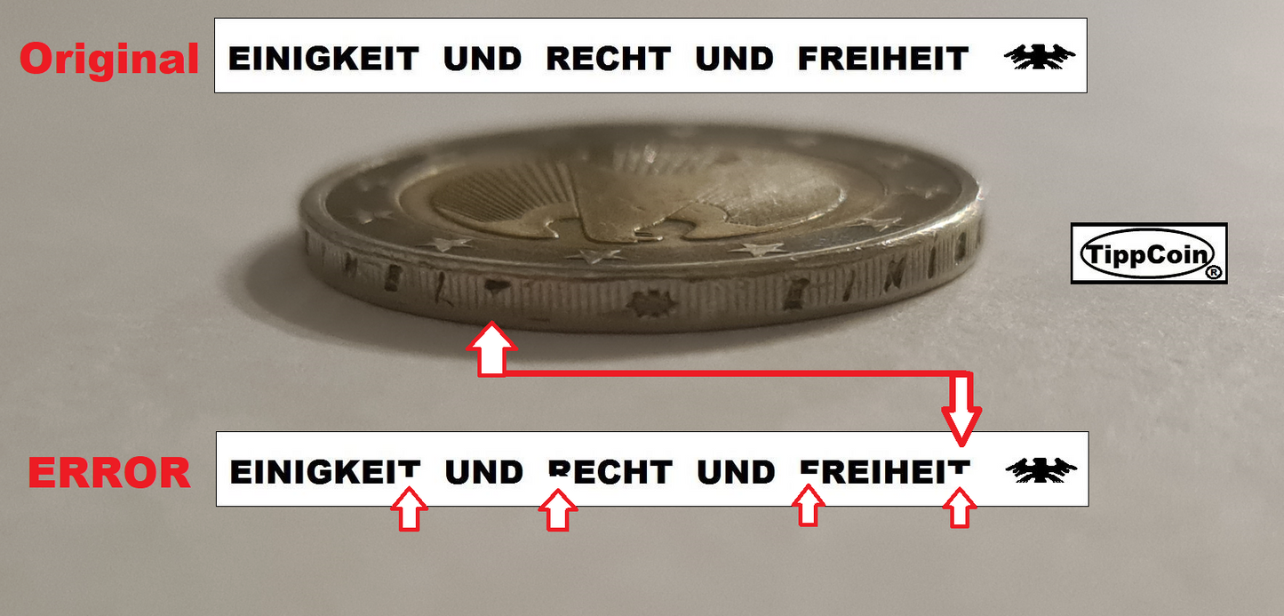 Deutschland 2 Euro 2002 J Fehlprägung / Prägeschwäche / Randschrift
