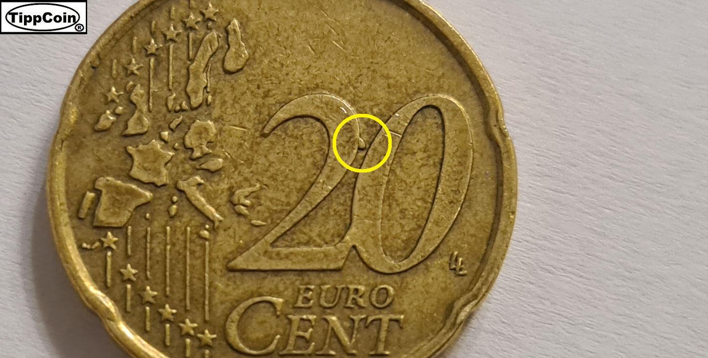 Belgien 20 Cent 2002 Fehlprägung / Materialüberschuss auf beiden Seiten