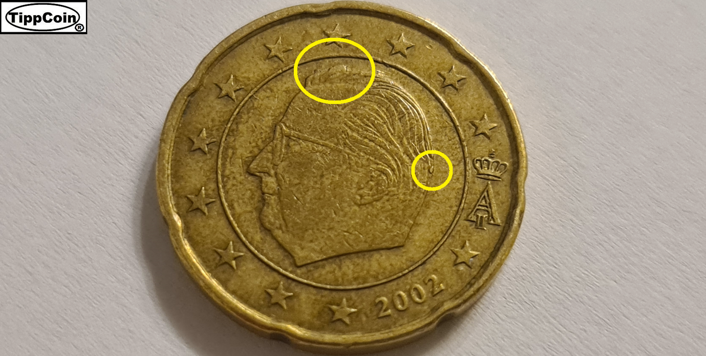 Belgien 20 Cent 2002 Fehlprägung / Materialüberschuss auf beiden Seiten
