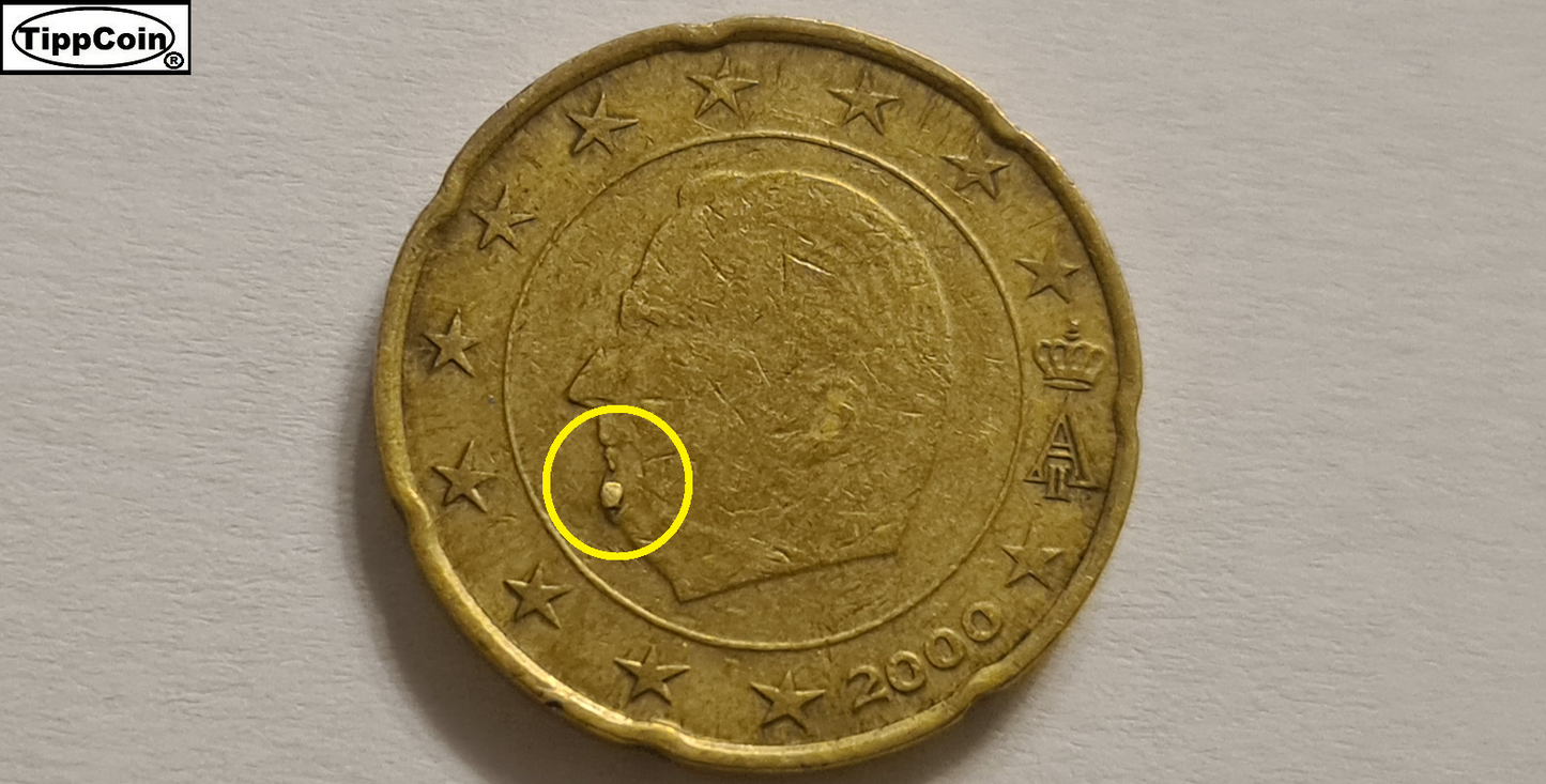20 Cent 2000 Belgien mit Materialüberschuss auf beiden Seiten, Fehlprägung