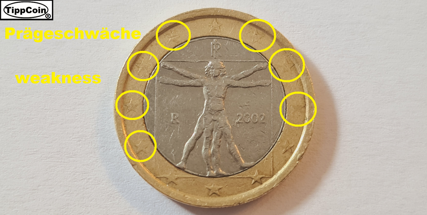 Italien 1 Euro 2002 – Prägeschwäche auf beiden Seiten