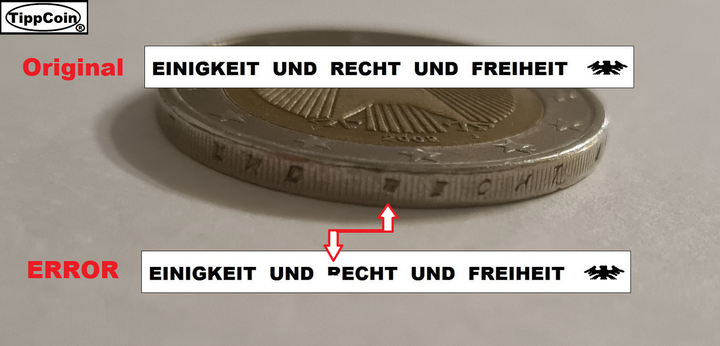 Deutschland 2 Euro 2002 J Fehlprägung / Prägeschwäche / Randschrift