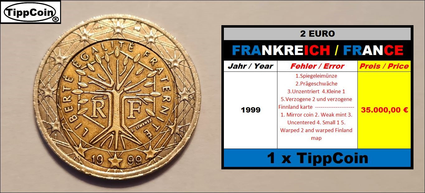 Frankreich 2 Euro 1999 Fehlprägung / Spiegeleimünze