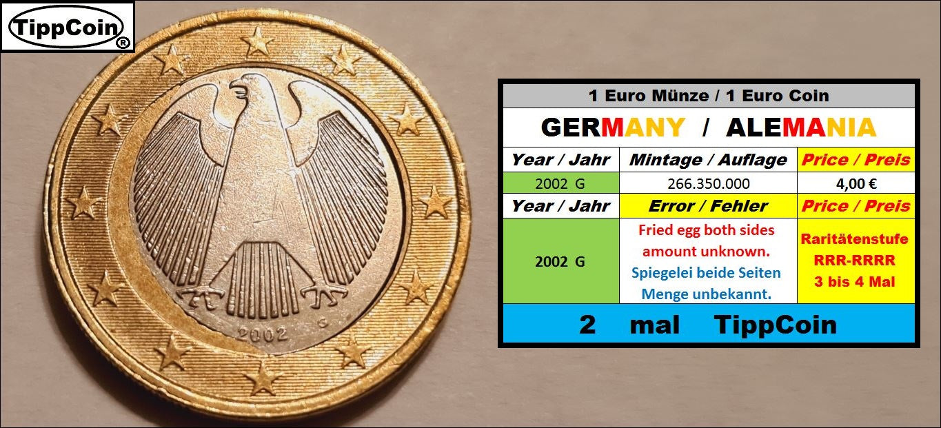 Deutschland 1 Euro 2002 G Fehlprägung / Spiegeleimünze