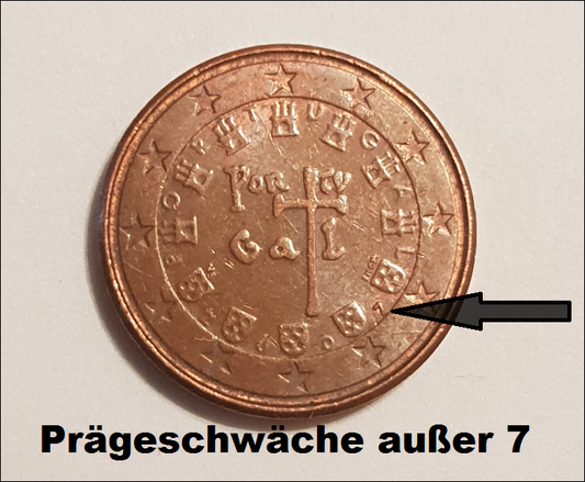 Portugal 1 Cent 2007 Fehlprägung prägeschwäche außer die Zahl 7